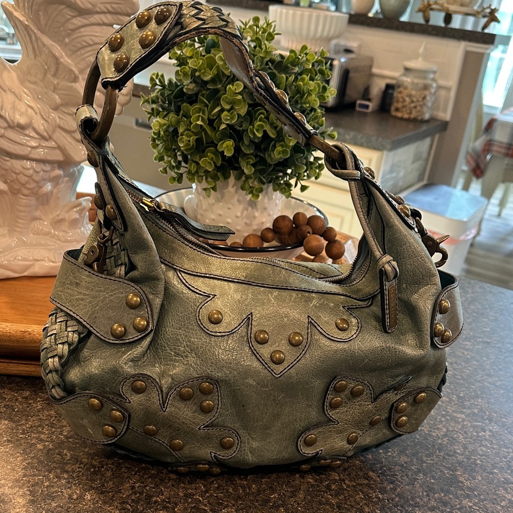 Isabella Fiore Green Leather Hobo Bag with Brass Accents